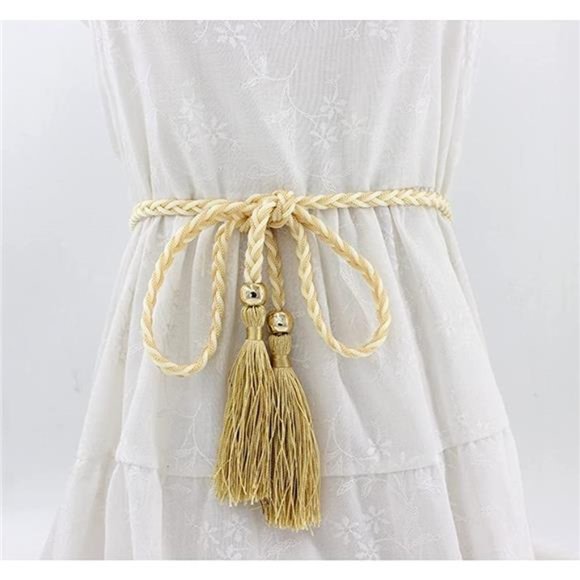Women Girls Braided Knotted Waist Belt Skinny Color Rope Exotic Chain Tassel